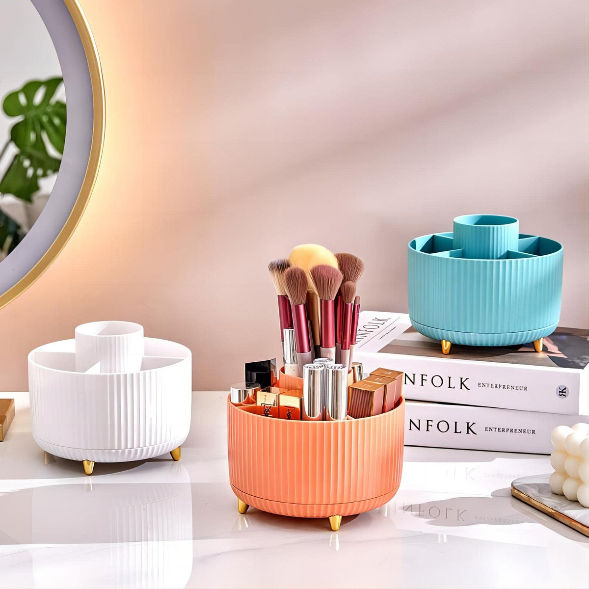 Large Capacity 360° Rotating Makeup Brush Organizer with 5 Slots - White Vanity Storage