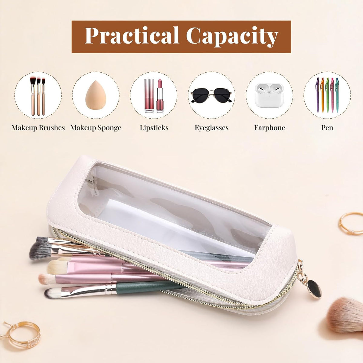 Clear PU Leather Makeup Bag with Transparent Window, Small Travel Cosmetic Case