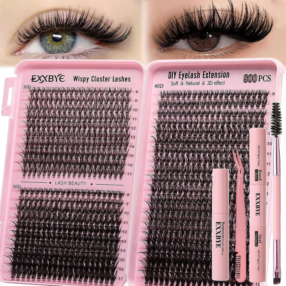 DIY Eyelash Clusters Kit 800pcs with Bond, Seal, Tweezers & Remover