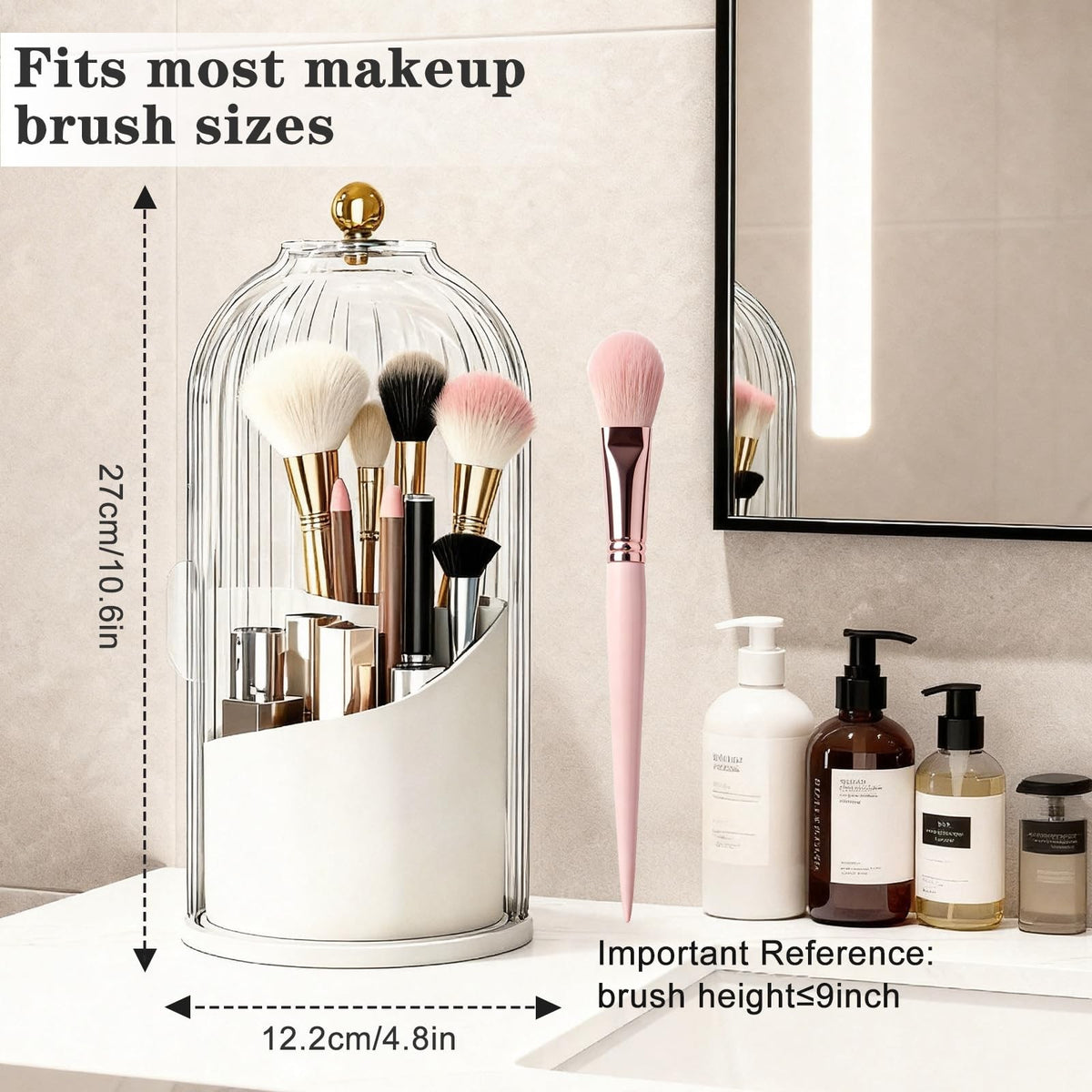 Makeup Brush Holder with Lid 3-Compartment Rotating Organizer Dustproof