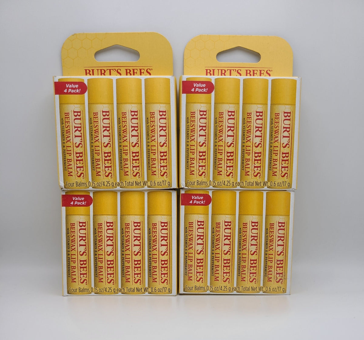 Beeswax Lip Balm Set with Vitamin E & Peppermint - 4 Pack, 16 Sticks