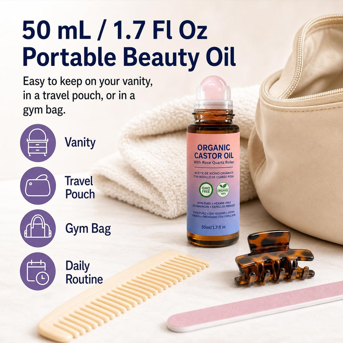 Castor Oil Roll-On with Rose Quartz - 1.7 Fl Oz Moisturizing Skin & Hair Treatment