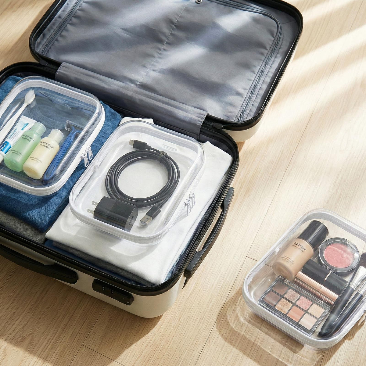 Clear Hard Shell Zipper Organizer Cases Set - Multi-Size Storage Kit