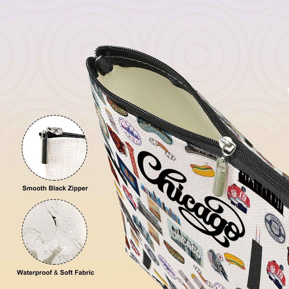 Chicago Themed Makeup Bag - Travel Cosmetic Pouch for Women & Girls