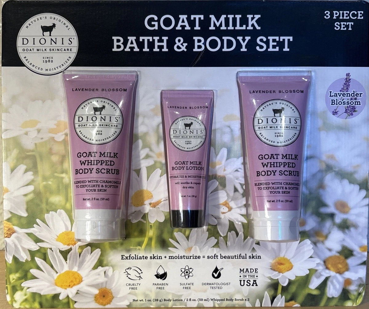 Dionis Goat Milk Bath Body Set 3Pc Lavender 2 Scrubs 1 Lotion