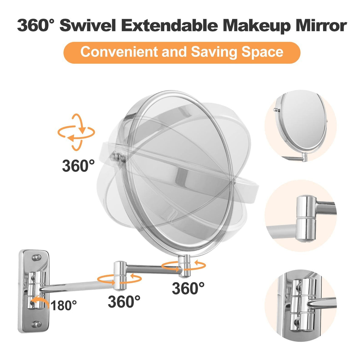 8-Inch Wall Mounted Makeup Mirror with 1X/10X Double Sided Magnification - Chrome