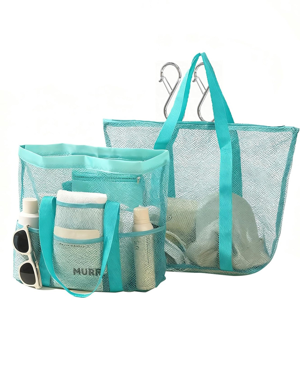 Large Mesh Beach Bag with Multiple Pockets and Zipper - 2 Pack