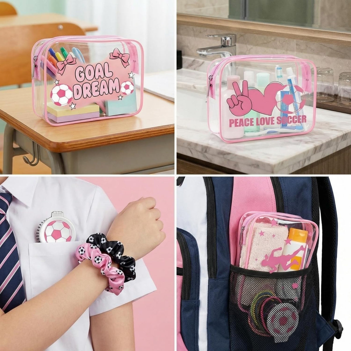 Soccer Party Favors Set with Clear Makeup Pouches & Hair Accessories - Pink 18pcs