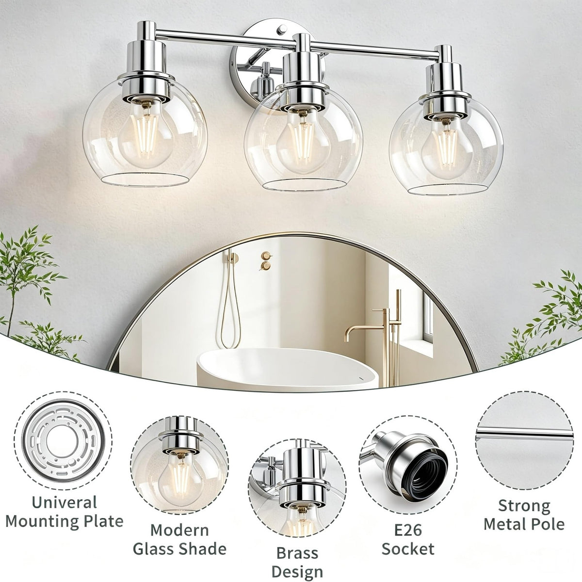3-Light Bathroom Vanity Light Fixture Chrome Modern Wall Sconce