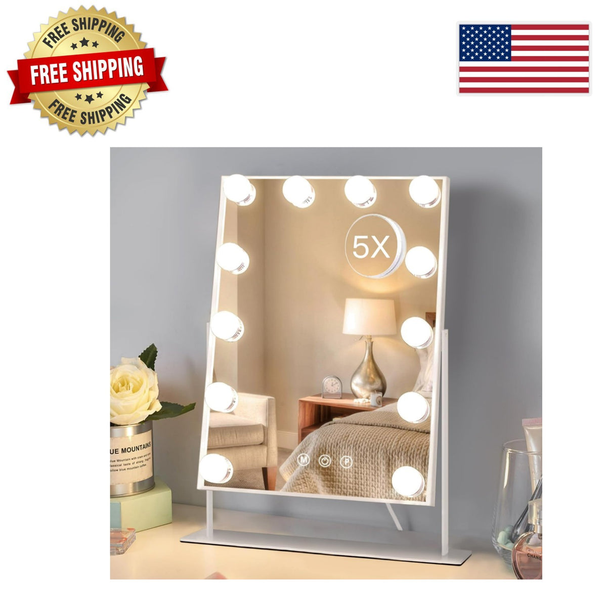 Tabletop Vanity Mirror with 5X Magnification and Adjustable LED Lighting