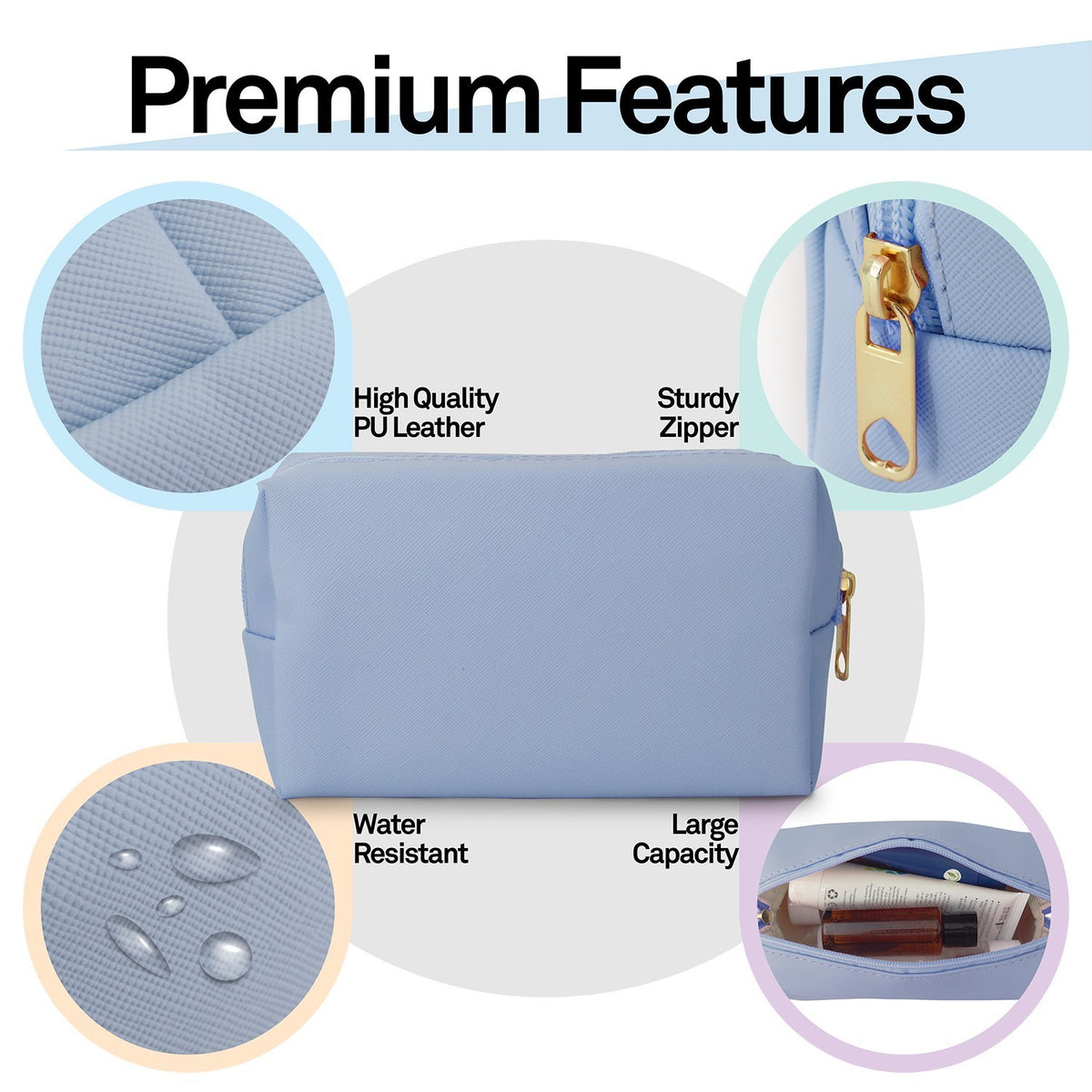 Water-Resistant Leather Makeup Bag Travel Cosmetic Pouch Small Toiletry Organizer