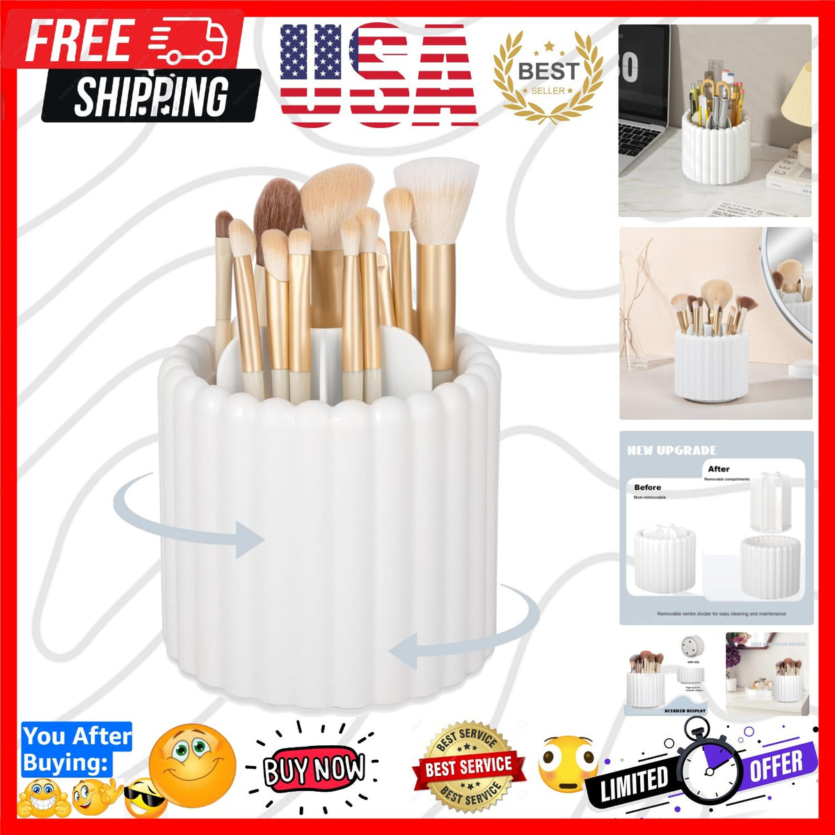 Rotating Makeup Brush Holder with 7 Slots - Removable Organizer for Vanity