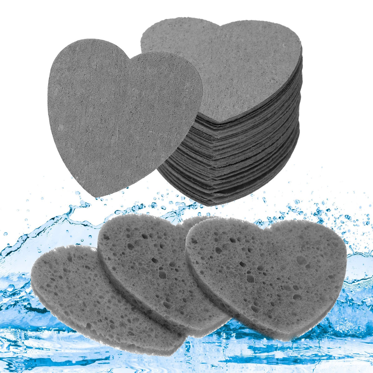 60 Black Heart-Shaped Compressed Facial Sponges for Skincare
