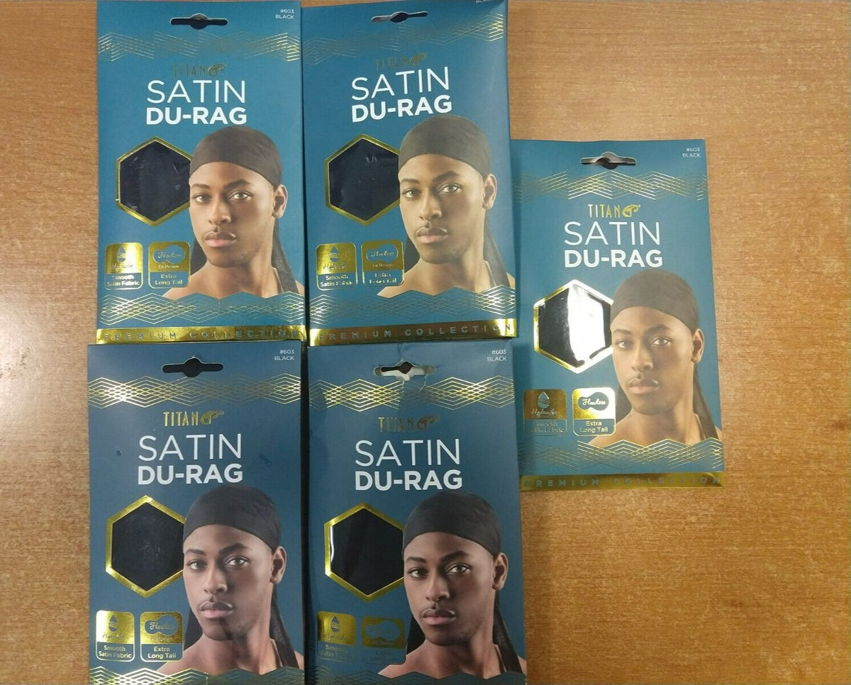 5 Pack: Titan Premium Collection Satin Du-Rag, Black, X-Long Tail 3A