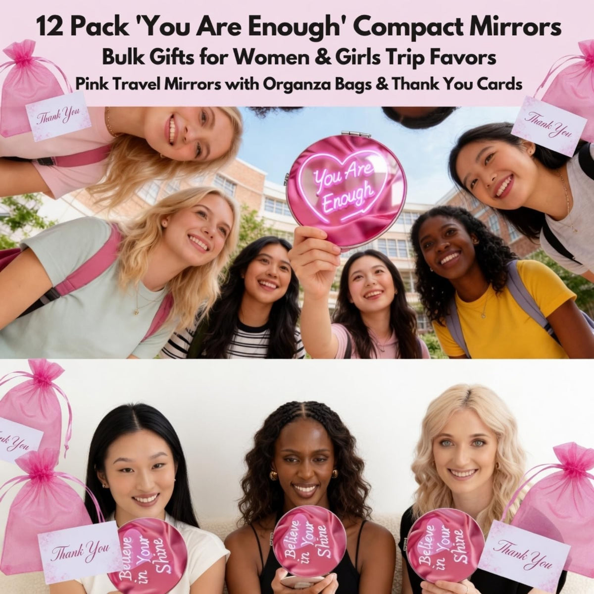 12 Pack Pink Travel Compact Mirrors with Affirmations and Gift Bags for Women and Girls