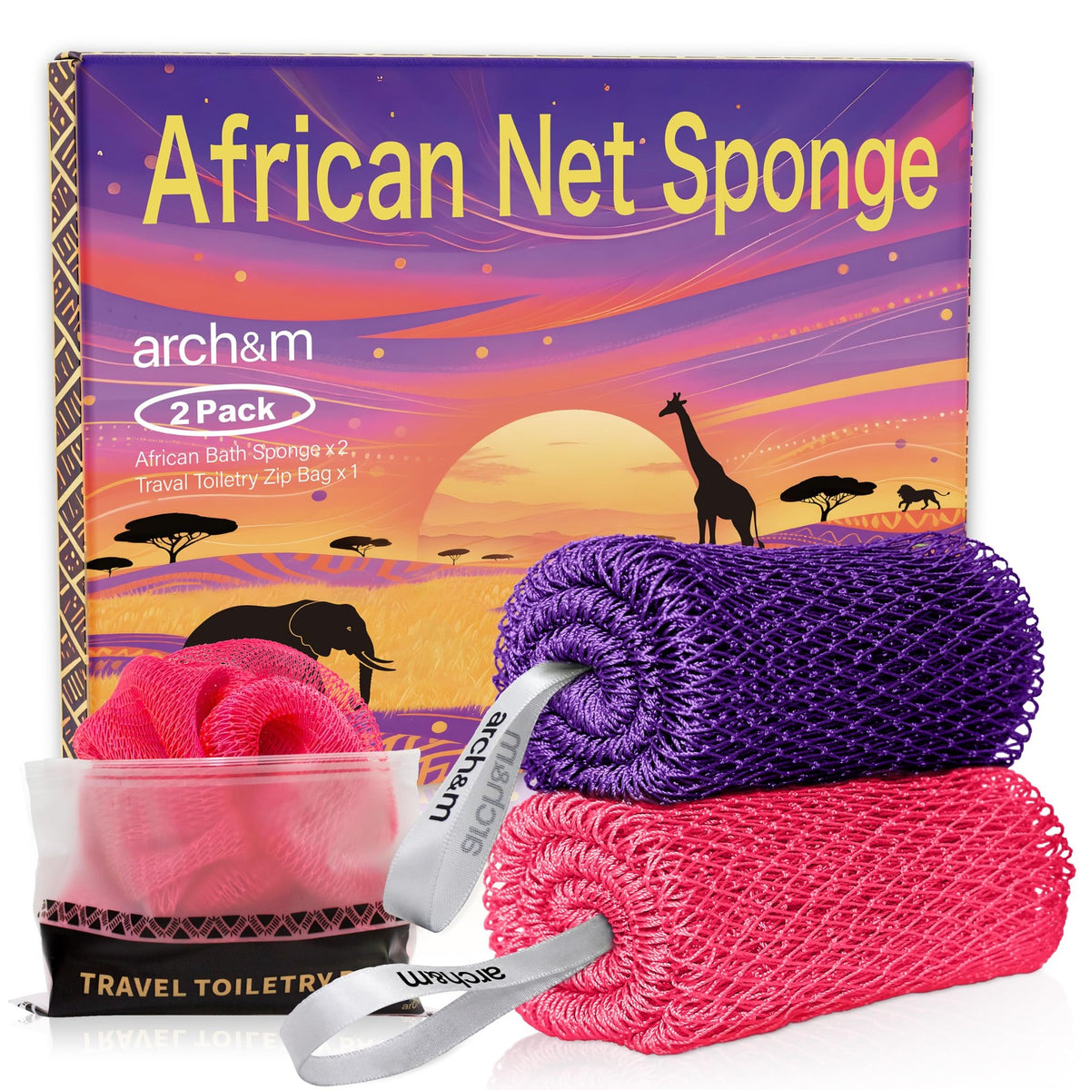 African Net Sponge for Exfoliation and Back Reach - Purple & Pink