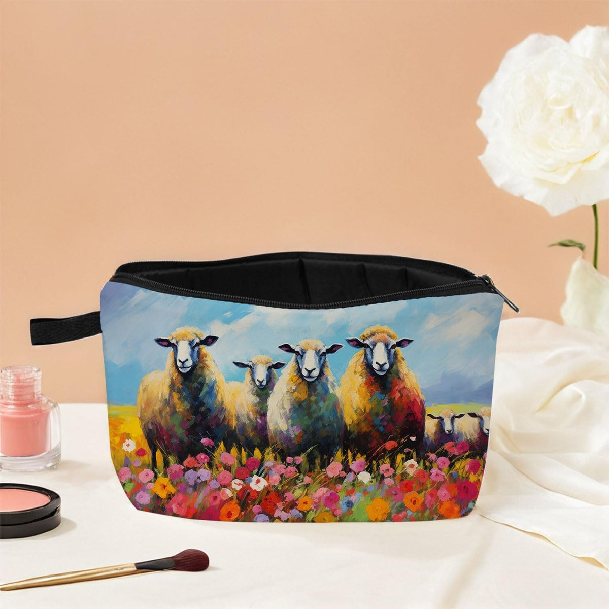 Sheep Print Makeup Bag for Women Travel Cosmetic Organizer Small Zipper Pouch