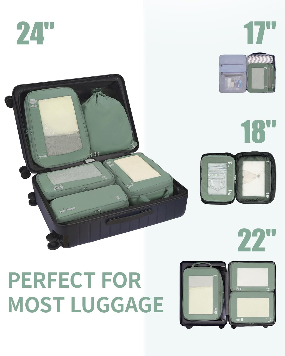 Compression Packing Cubes Set - 5 Organizers for Travel & Storage, Green
