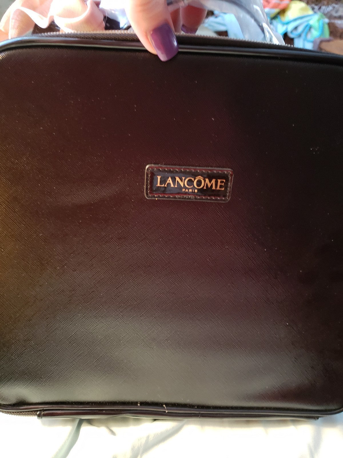 Large Black Faux Leather Train Case with Pink Scarf Travel Organizer