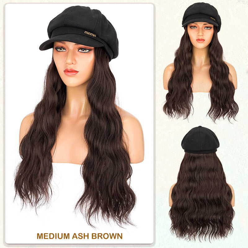 Unisex Wavy Long Hair Beret Cap with Synthetic Hair - Casual Hat Wig