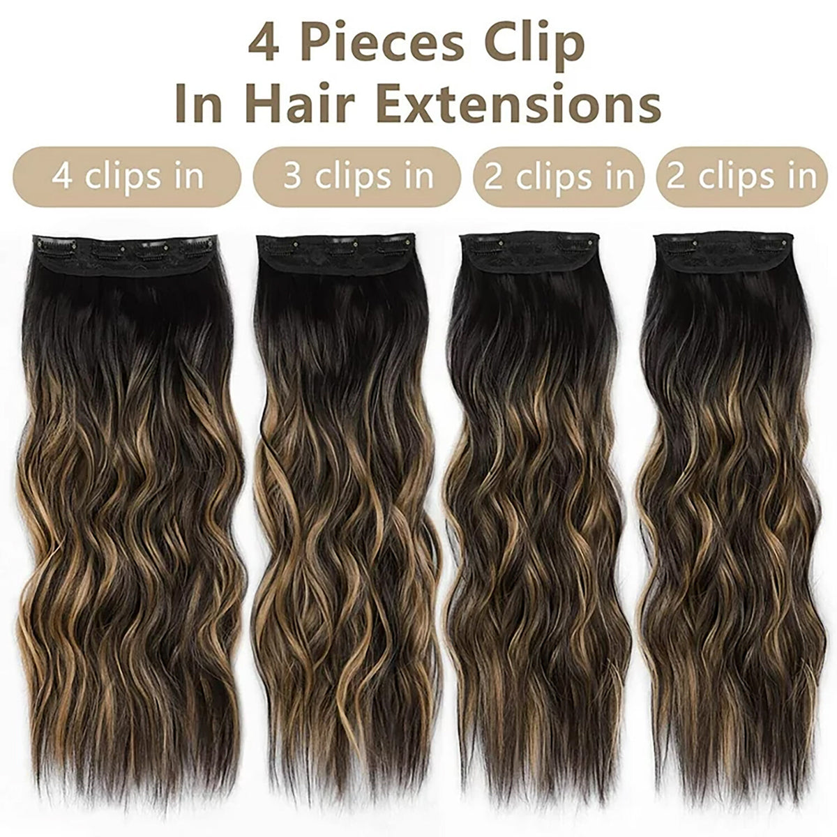 4PCS Clip-In Wavy Hair Extensions Long Synthetic Weft - Natural Blonde to Brown