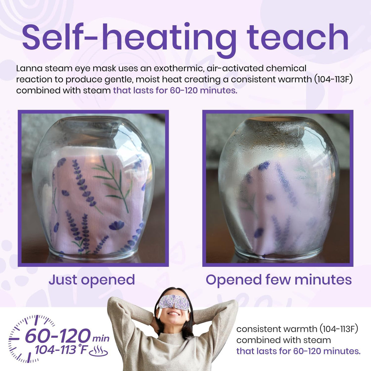 Heated Steam Eye Mask Lavender Scent Disposable 120 Minutes – Set of 5