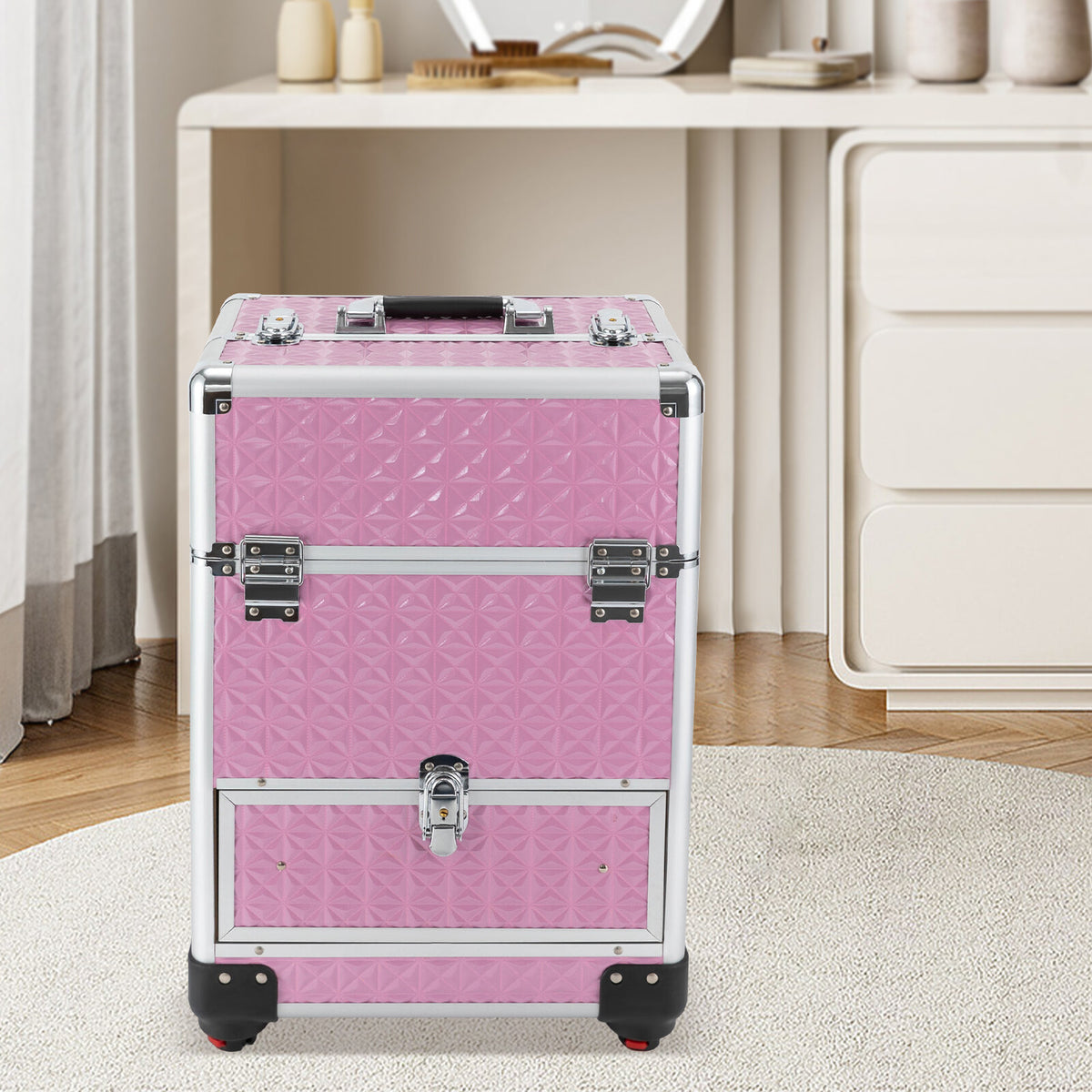 Rolling Makeup Train Case with 7 Compartments & 4 Wheels - Pink