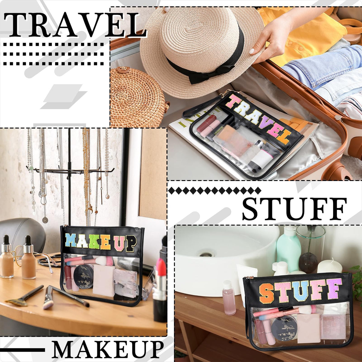 Clear Makeup Bags Set - 6 Travel Pouches with Zipper, Black