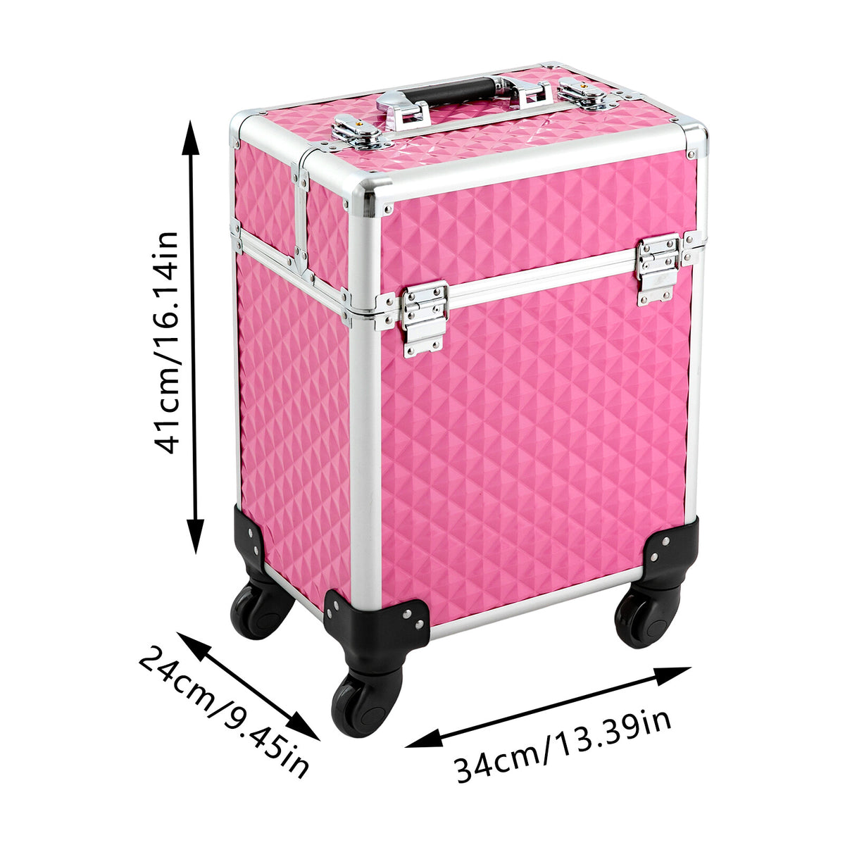 Rolling Aluminum Makeup Train Case with Lock & Wheels, Travel Cosmetic Organizer