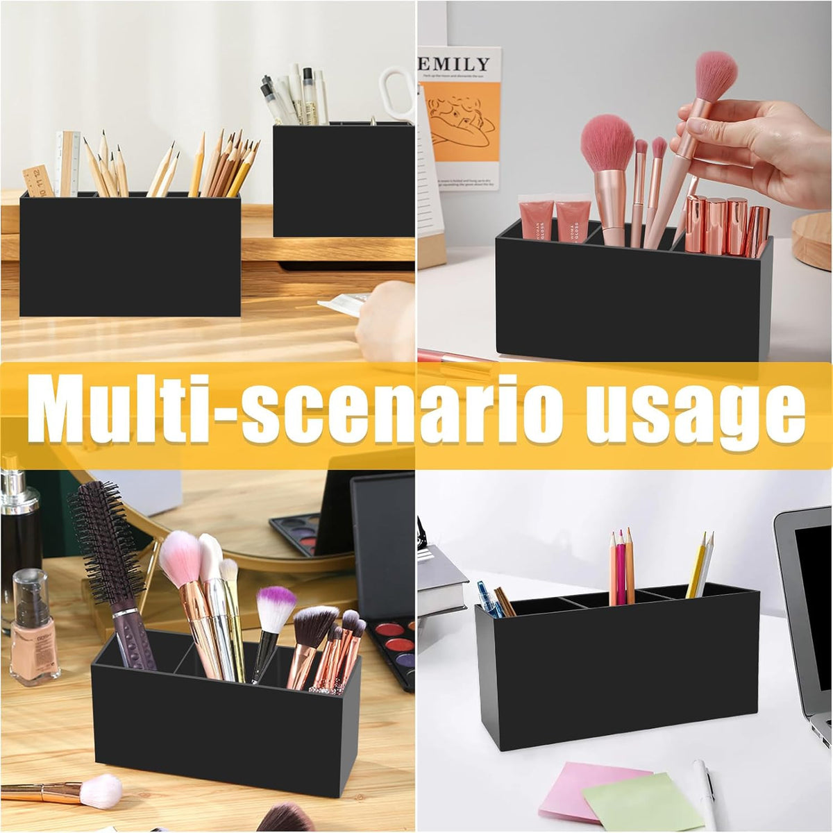 Acrylic Makeup Brush Organizer with 3 Compartments - Black