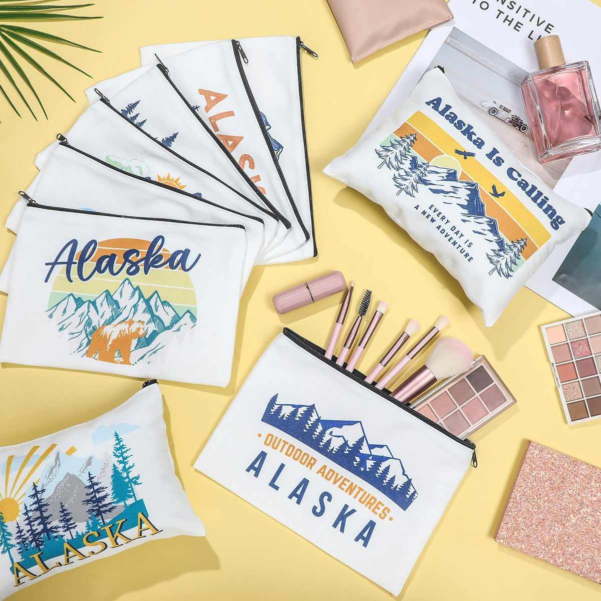 9-Pack Alaska Souvenir Cosmetic Bags Canvas Zipper Pouches Gift Set