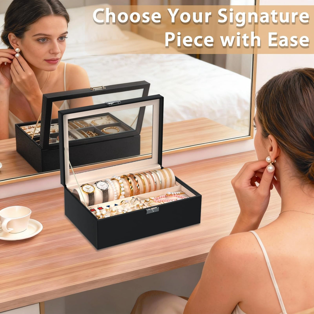 Jewelry Organizer Box with Glass Lid and Bracelet Holder - Black