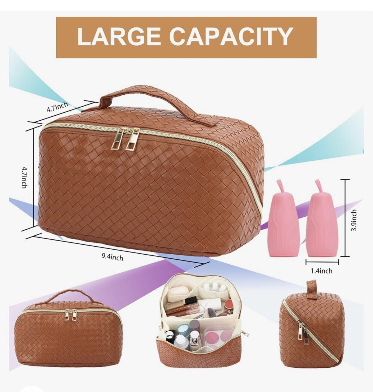 Large Waterproof Travel Makeup Bag - Portable Cosmetic Organizer in Brown