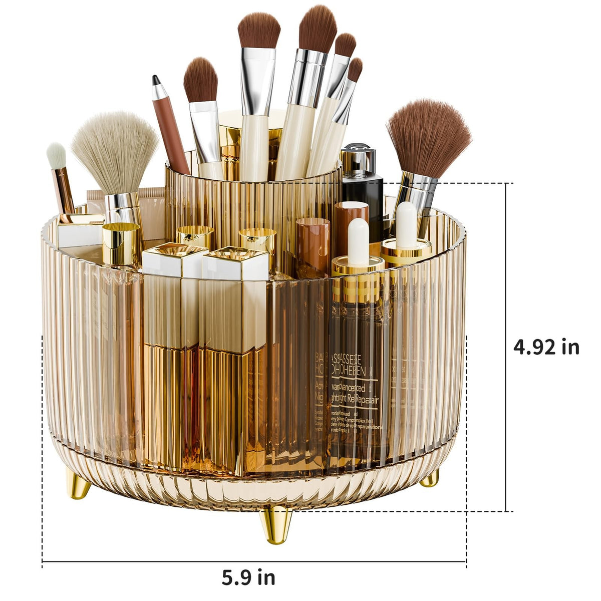 360° Rotating Makeup Brush Holder Organizer with Clear Amber Finish