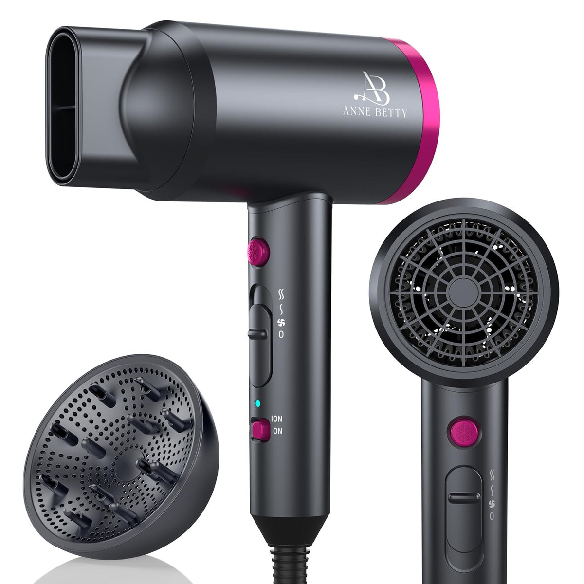Ionic Hair Dryer with Diffuser 1800W Fast Drying Dark Gray