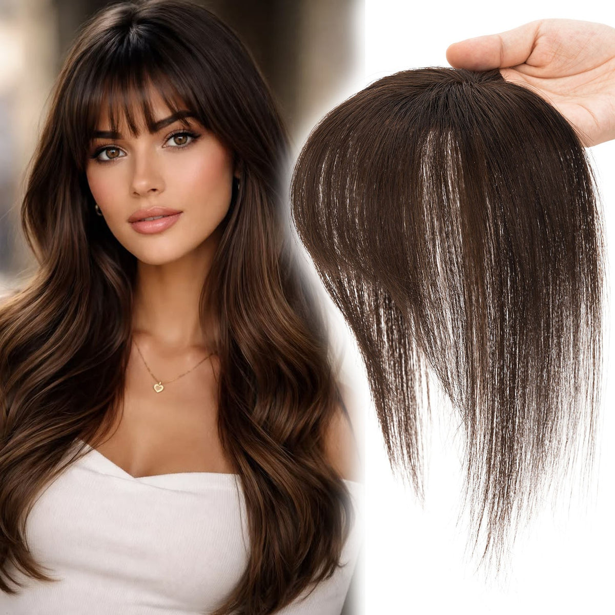 Clip-In Human Hair Bangs Extension with Wispy & French Styles - Natural & Dark Brown