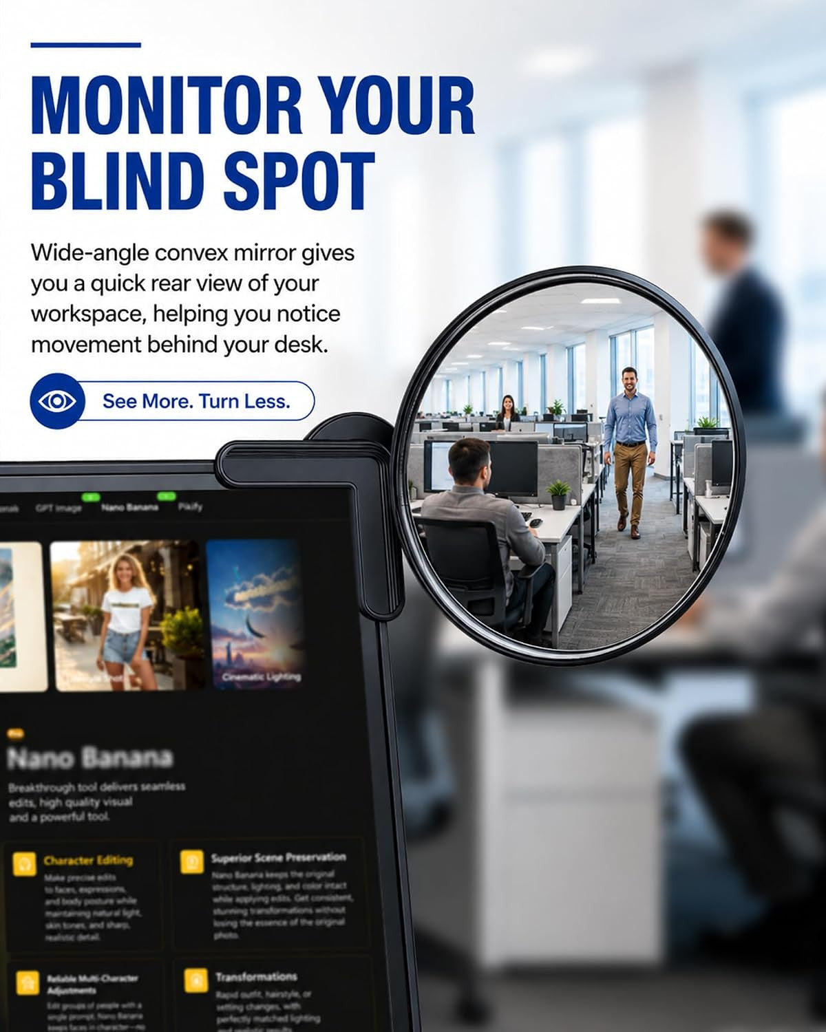 3.8 Inch Clip-On Convex Computer Monitor Mirror for Behind View