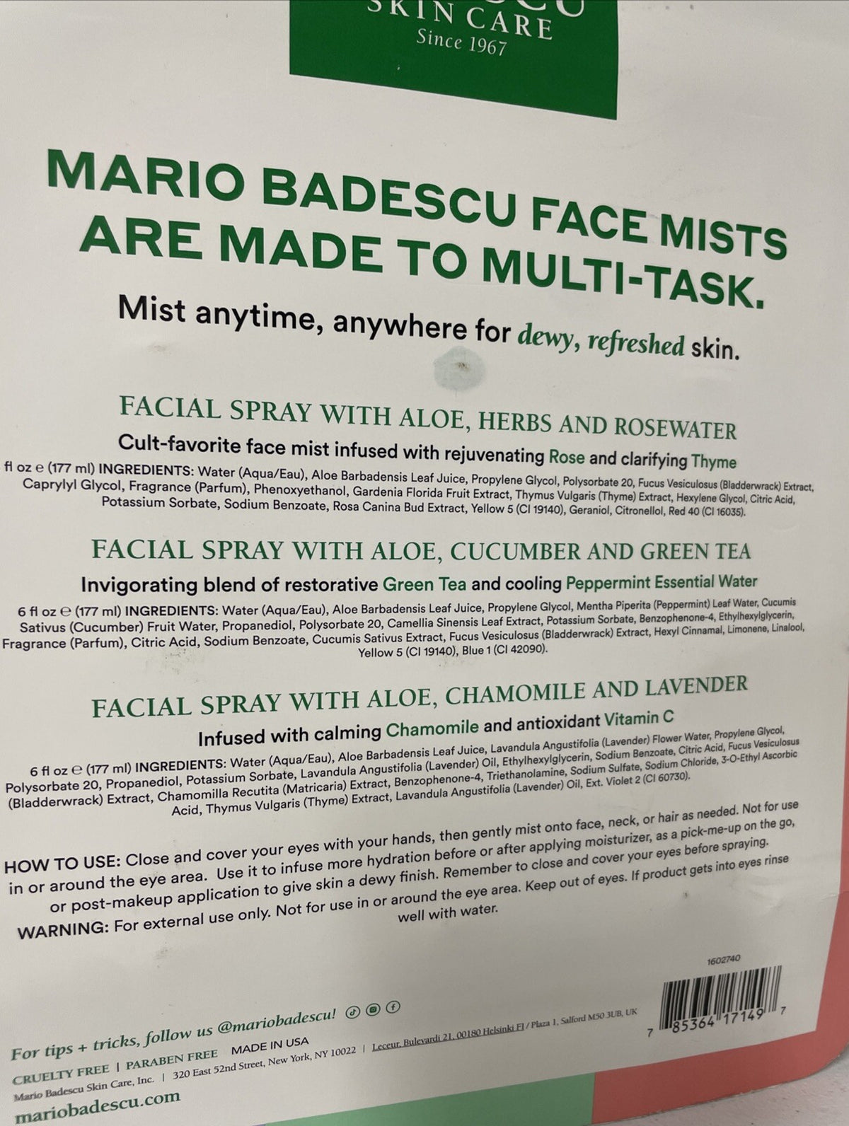 Mario Badescu Facial Spray Trio with Aloe Cucumber Rosewater Lavender 6oz - Hydrating Mist Set