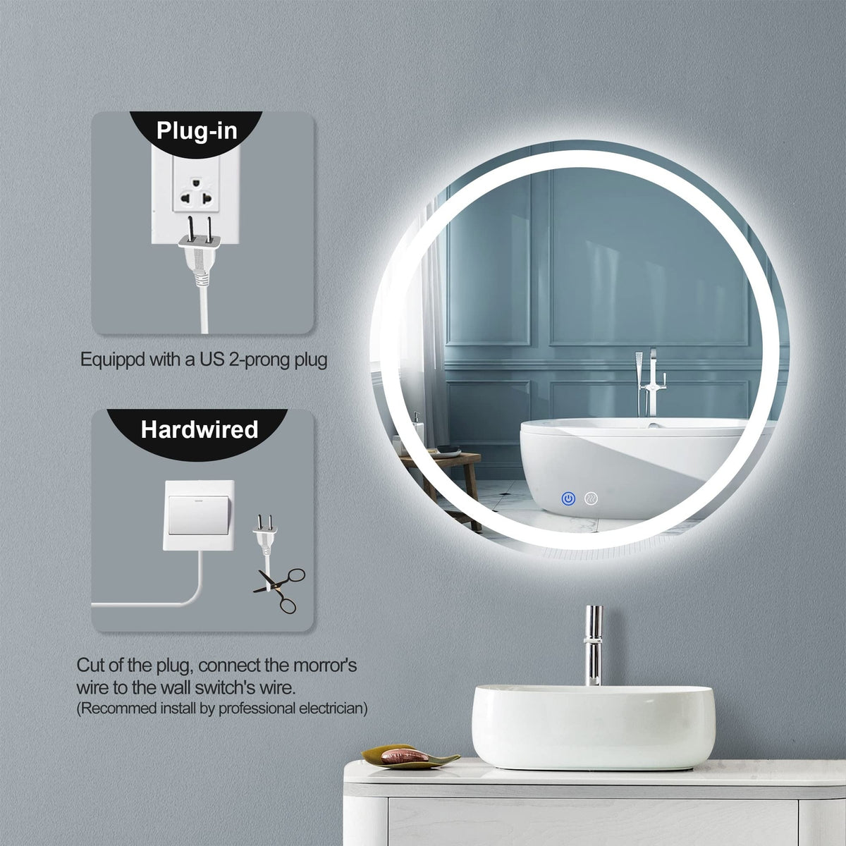 24-Inch LED Bathroom Mirror with Anti-Fog, Dimmable, 3 Color Temp, Memory