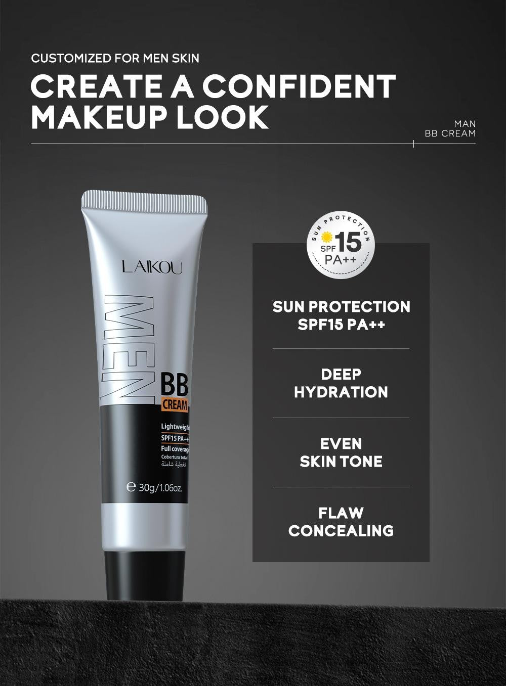 Men's Full Coverage Waterproof BB Cream Concealer with SPF 15 - Natural Tone