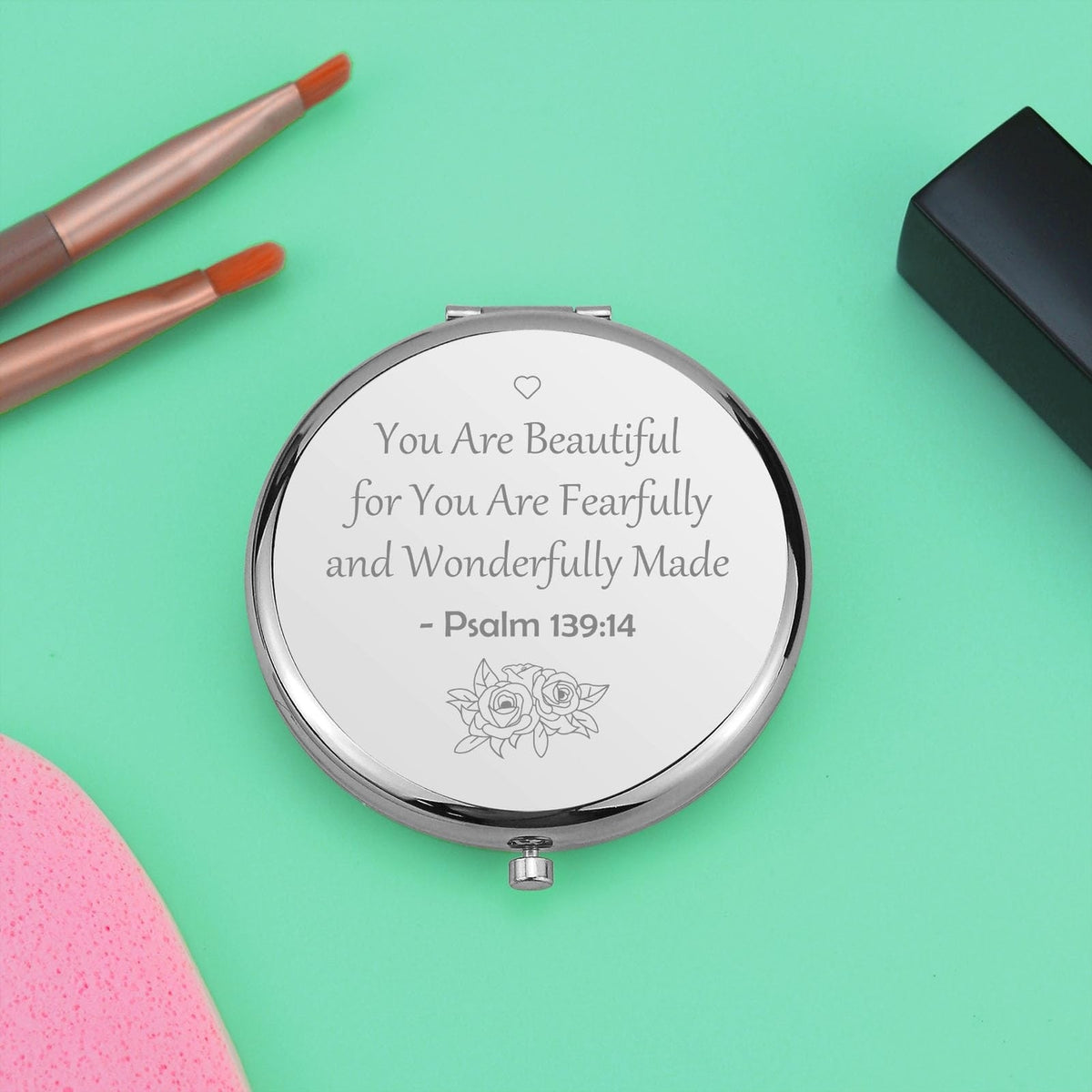 Christian Inspirational Compact Makeup Mirror with Bible Verses - Silver