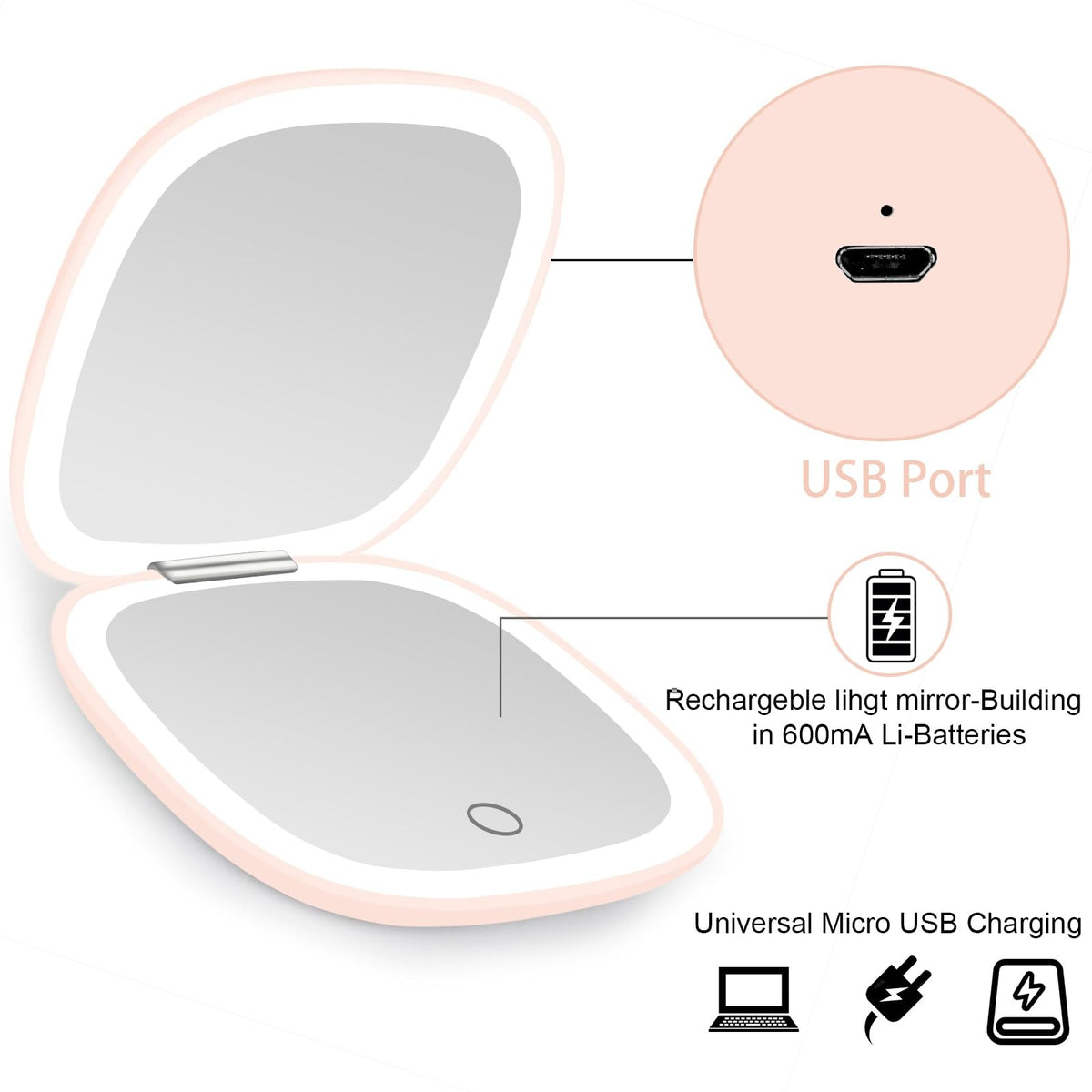 Lighted Travel Makeup Mirror with 1X/10X Magnification, Dimmable Double-Sided Pink