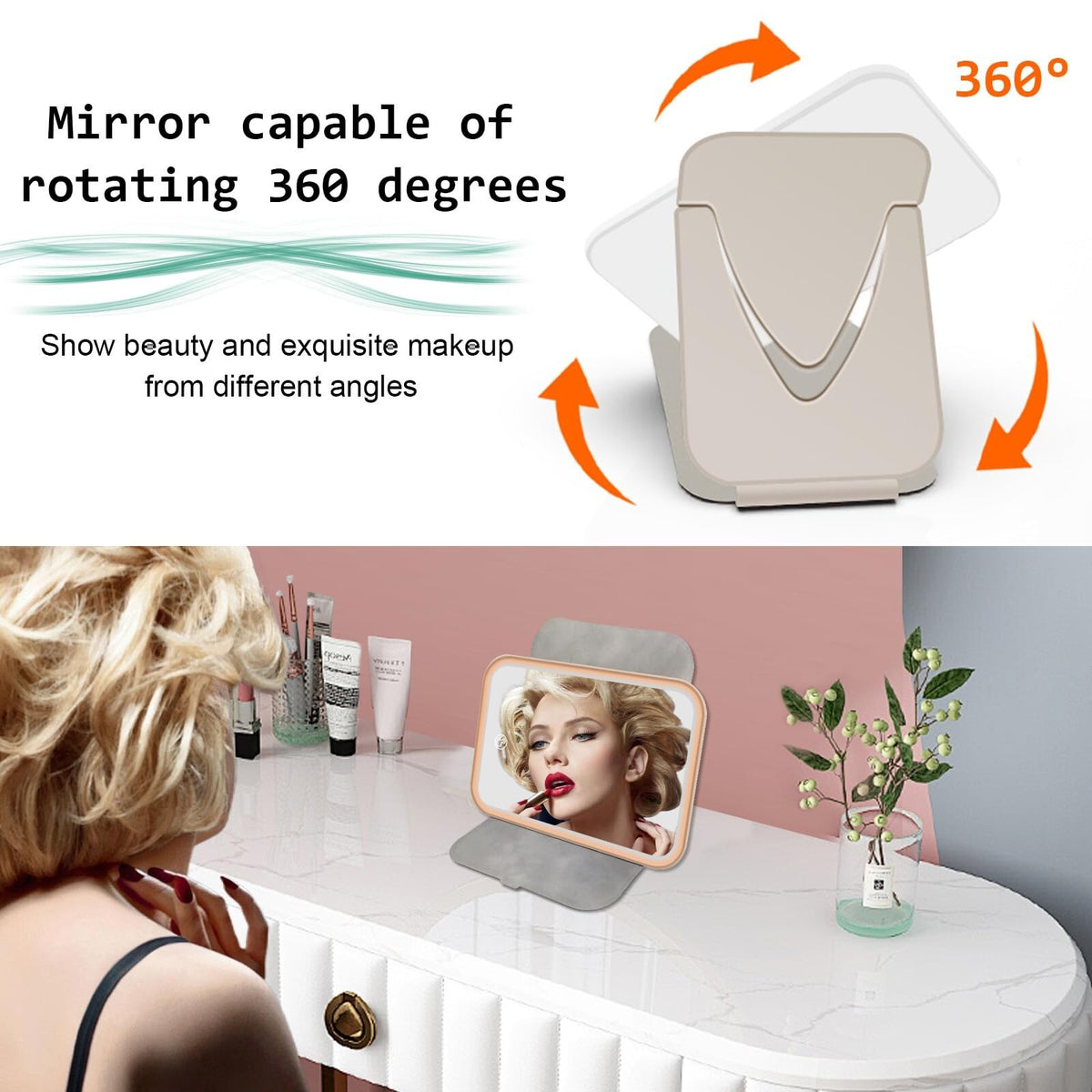 Travel Lighted Makeup Mirror with 3 Color Modes, USB Rechargeable, Foldable Tabletop