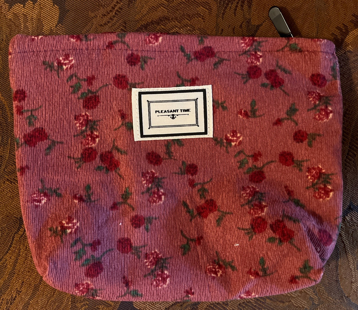 Corduroy Makeup Bag 7x10x2 Inches - Burgundy Rose Pouch with Zip