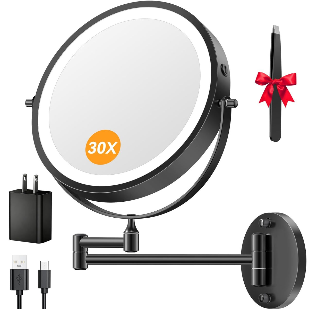 Rechargeable Wall Mounted Lighted Makeup Mirror with 30X Magnification, Dimmable LED, 9 Inch