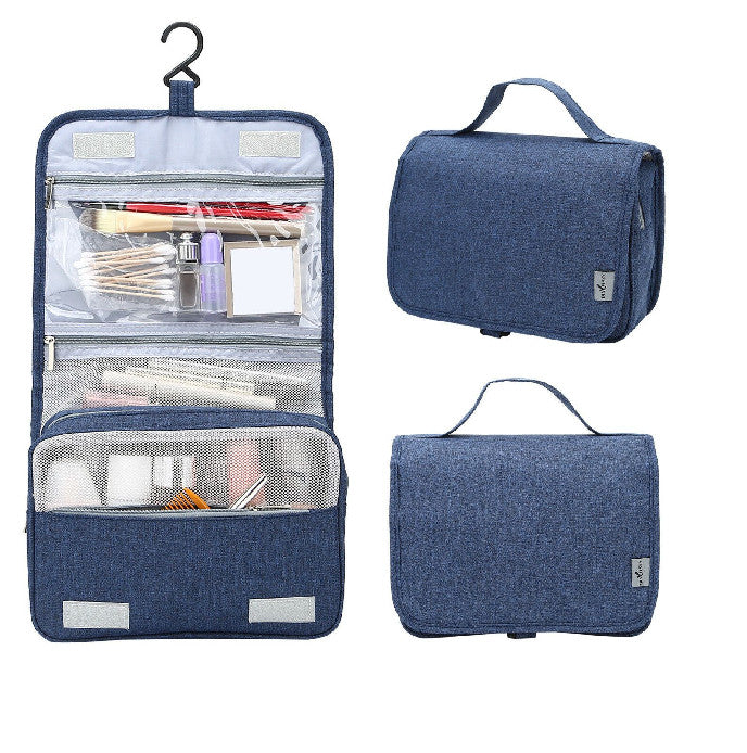 Navy Blue Travel Cosmetic Bag with Waterproof Lining and Multiple Compartments