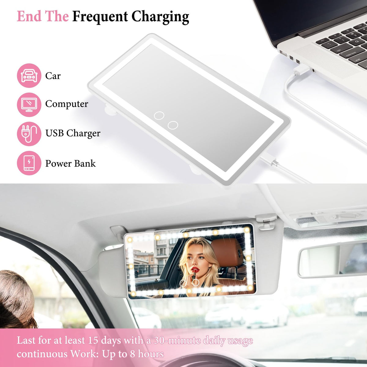 Rechargeable Car Sun Visor Vanity Mirror with 60 LEDs & 3 Light Modes