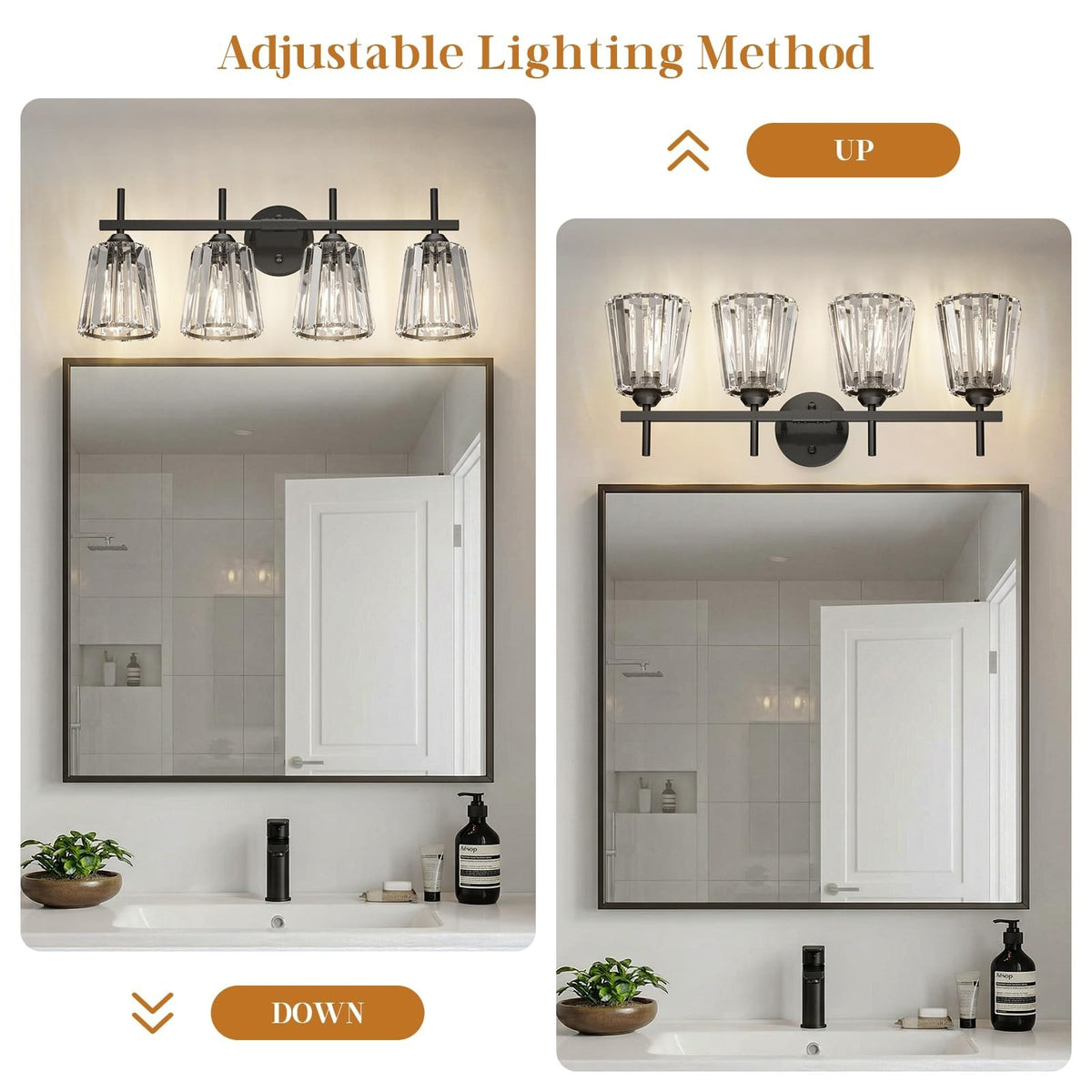 Black Crystal Bathroom Vanity Light Fixture - 4-Light Wall Sconce for Mirror