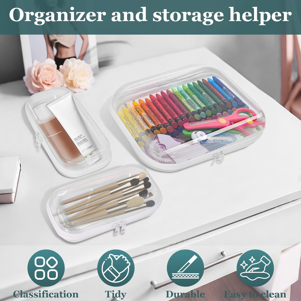 Clear Hard Shell Zipper Cases Set of 3 - Durable Plastic Storage Pouches for Travel & Organization