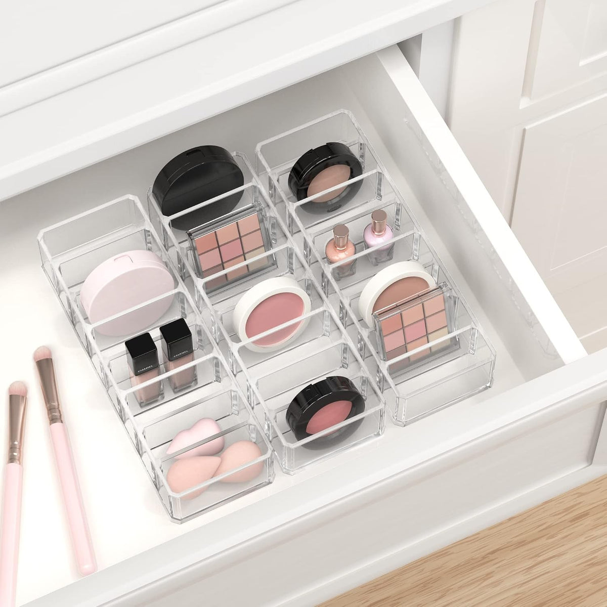 Clear Acrylic Makeup Compact Organizer with 8 Compartments - Vanity Storage Stand